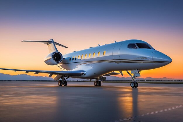 Porträt eines Unternehmensjets auf dem Start- und Landebahn gegen einen Abendhimmel