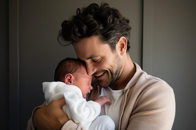 Porträt eines Vaters, der ein neugeborenes Baby umarmt und küsst