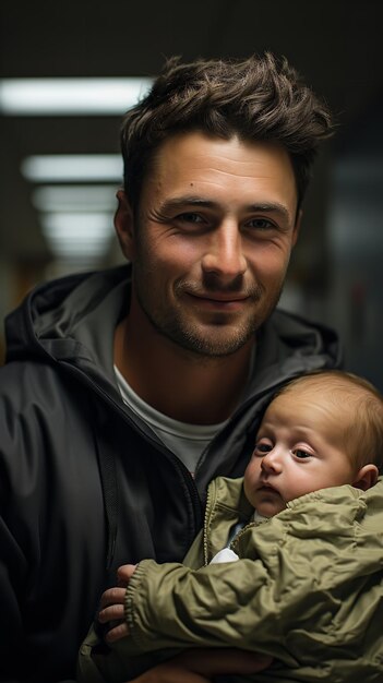 Foto porträt eines vaters, der sein neugeborenes baby in einem krankenhaus-hintergrund hält generative ki