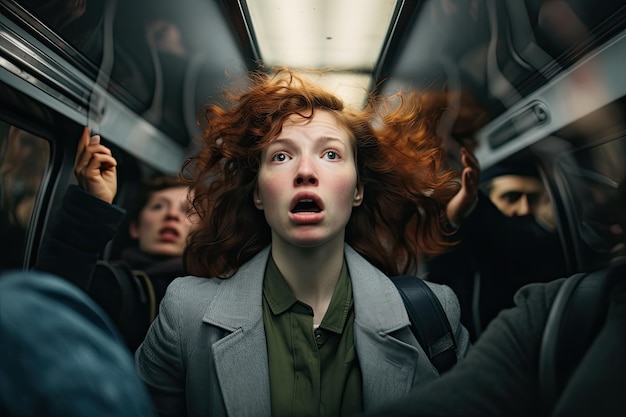 Porträt eines verängstigten rothaarigen Mädchens im Auto mit offenem Mund, das durch das Fenster blickt. Person mit vielbeschäftigtem U-Bahn-Pendler zur Hauptverkehrszeit, die ihre verwirrte Stimmung und Ungeduld zur Schau stellt. KI-generiert