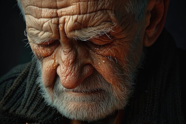 Porträt eines verärgerten alten Mannes mit Tränen in den Augen Nahaufnahme Hyperrealistisches Foto