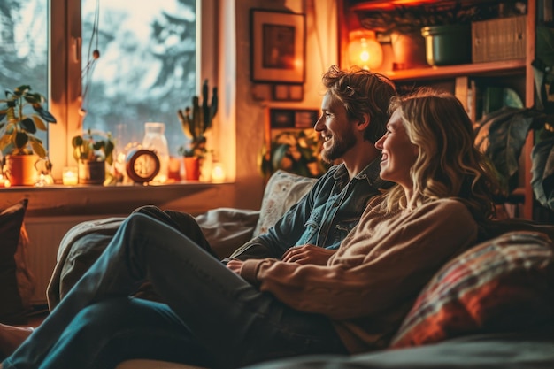 Foto porträt eines verliebten paares, das zu hause auf der couch sitzt