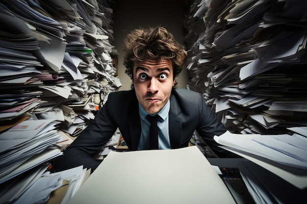 Foto porträt eines verrückten geschäftsmanns mit einem stapel papiere im büro.