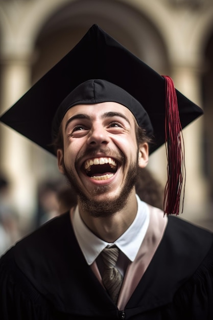 Porträt eines verspielten jungen Universitätsstudenten am Abschlusstag, erstellt mit generativer KI