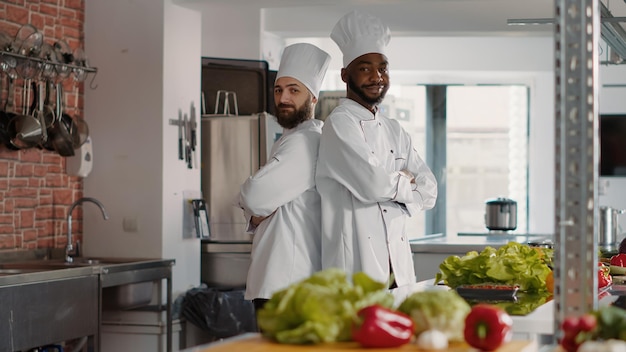 Porträt eines vielfältigen Teams, das in der professionellen Restaurantküche posiert und sich bereit macht, Gourmetgerichte zuzubereiten. Köche in Uniform, die Gerichte mit Lebensmittelzutaten für Gastronomierezepte zubereiten.