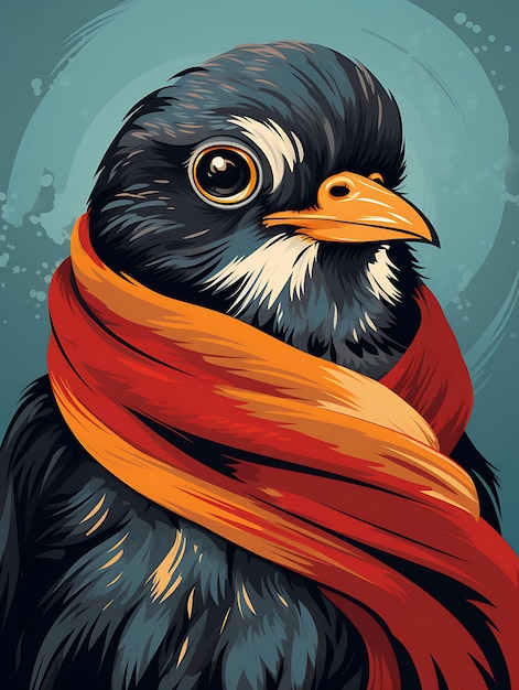 Porträt eines Vogels, der einen Schal trägt und sich stolz putzt Coole Farbe Gr Vintage Poster 2D Flat Design Art