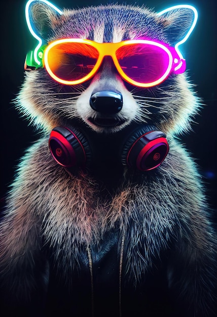 Porträt eines Waschbär-DJ mit ausgefallener Brille Waschbär-DJ in der Disco