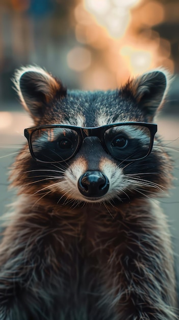 Porträt eines Waschbären mit Brille auf dem Hintergrund der Stadt