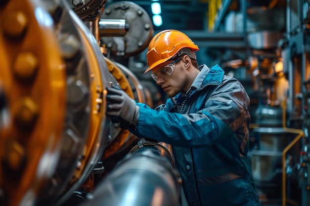 Porträt eines Wasserbauingenieurs, der eine neue Installationsmaschine mit einem großen Kopierraum überprüft. Generative KI