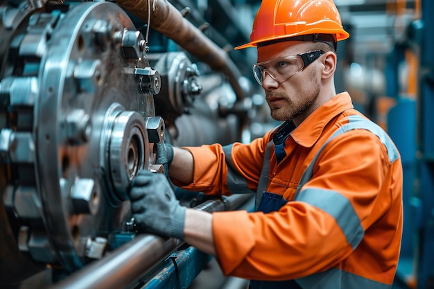 Porträt eines Wasserbauingenieurs, der eine neue Installationsmaschine mit einem großen Kopierraum überprüft. Generative KI