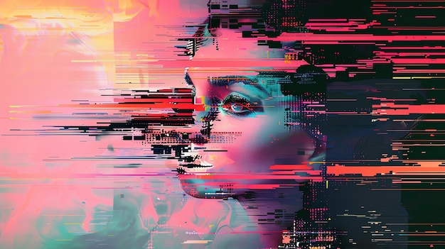 Foto porträt eines weiblichen gesichts mit einem glitch-effekt das bild ist voller lebendiger farben und hat ein futuristisches gefühl