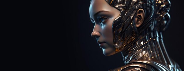 Porträt eines weiblichen humanoiden Roboters. Metallisches Androidengesicht. Synthetisches Leben. Generative KI