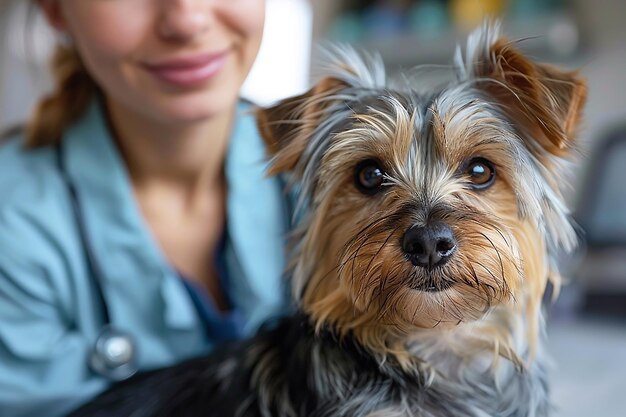 Porträt eines weiblichen Tierarztes und eines kleinen braunen Hundes in der Nähe der Vorderseite