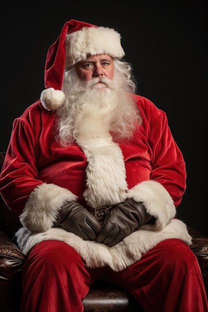Porträt eines Weihnachtsmannes, der mutlos, traurig und verärgert sitzt und in die Kamera blickt