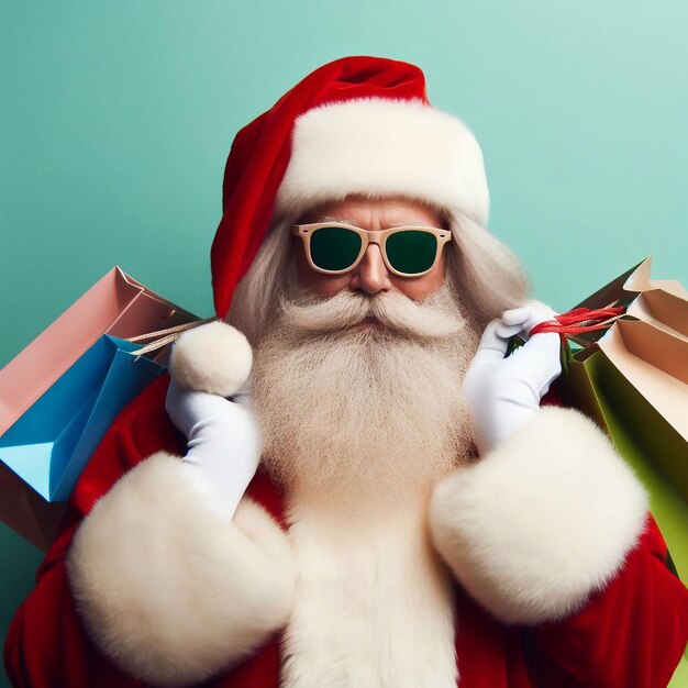 Porträt eines Weihnachtsmanns mit Sonnenbrille, der Einkaufstaschen für ein Neujahrs-Weihnachtsgeschenk trägt