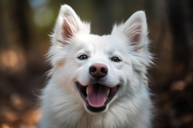 Porträt eines weißen Samojeden-Hundes im Herbstwald, KI-generiert