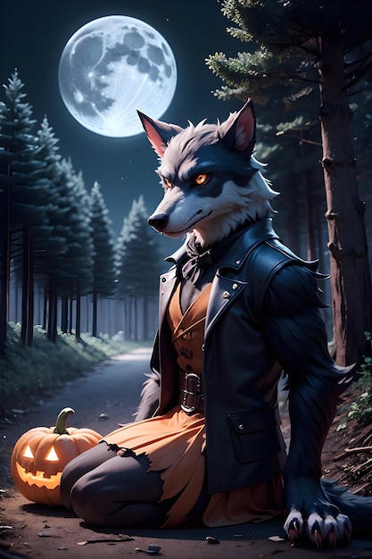 Porträt eines Werwolfs mit einem Kürbis Halloween