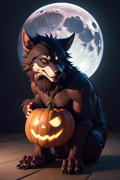 Porträt eines Werwolfs mit einem Kürbis Halloween