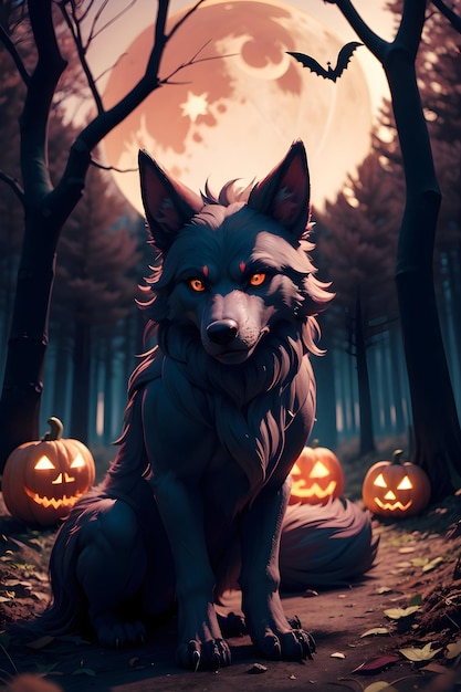 Foto porträt eines werwolfs mit einem kürbis halloween