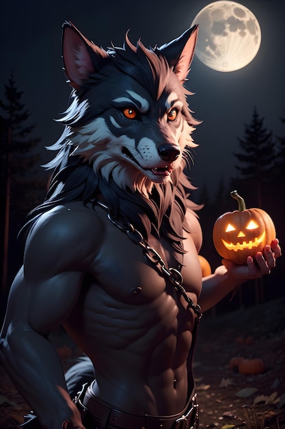 Porträt eines Werwolfs mit Kürbis zu Halloween