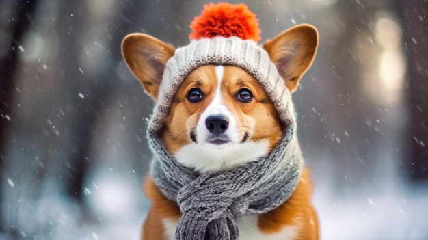 Porträt eines Winterhundes, der im Schnee spaziert. Hund mit Mütze und Schal erzeugte KI