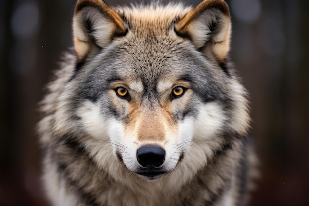 Porträt eines Wolfes auf schwarzem Hintergrund Nahaufnahme Ein grauer Wolf, der in einem Nahaufnahmenporträt festgehalten wird und intensiv starrt, generiert von KI