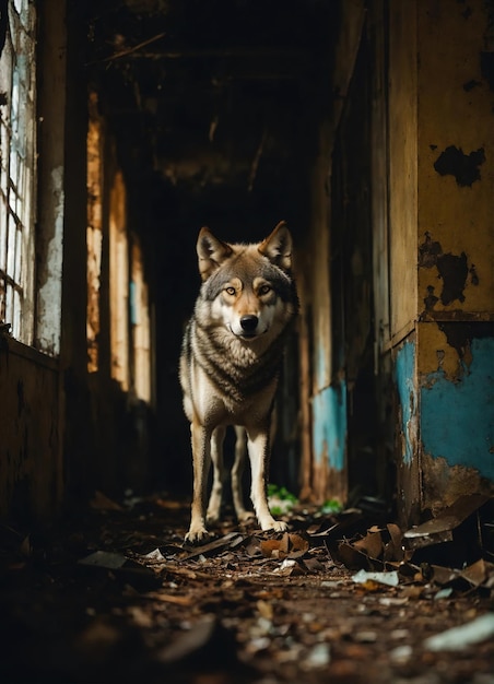 Porträt eines Wolfes in einem dunklen Korridor in der Nacht ai generative