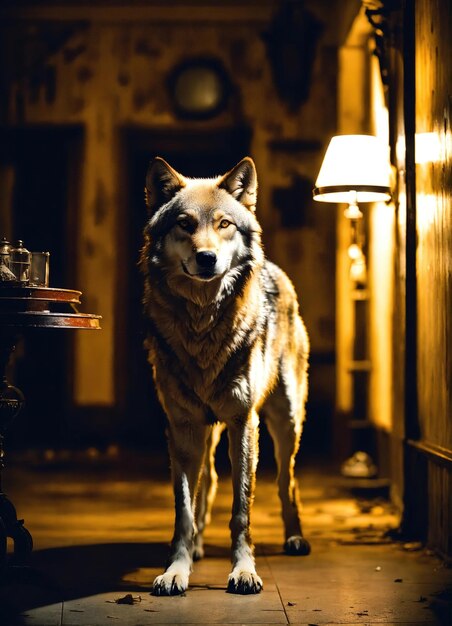 Porträt eines Wolfes in einem dunklen Korridor in der Nacht ai generative