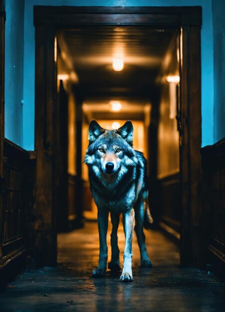 Porträt eines Wolfes in einem dunklen Korridor in der Nacht ai generative