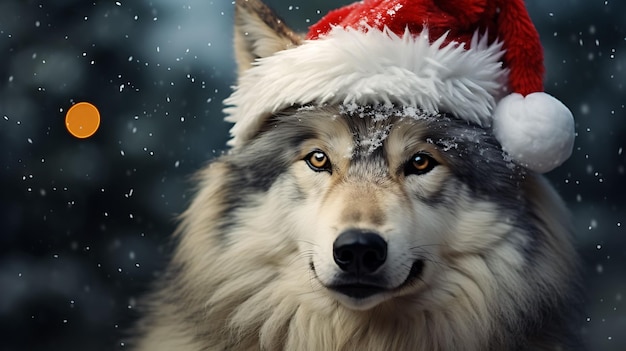 Porträt eines Wolfes mit Weihnachtsmütze-Hut