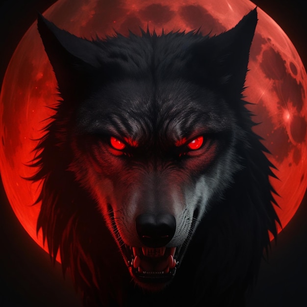 Porträt eines Wolfes vor einem roten Vollmond, KI-generiert