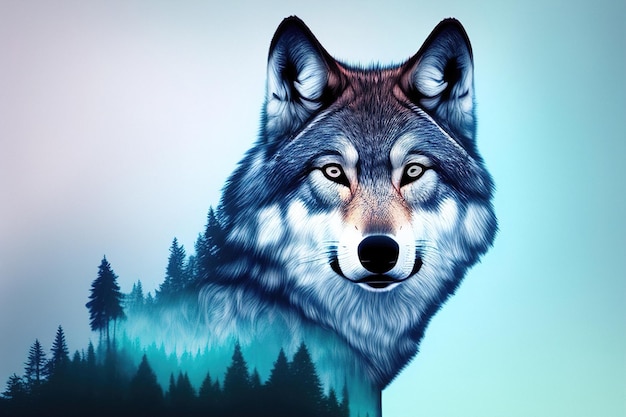 Porträt eines Wolfs in einem kalten Wald und eine Vollmond-Doppelbelichtung