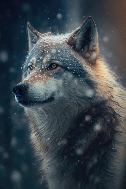 Porträt eines Wolfs mit fallendem Schnee, der mit generativer KI-Technologie erstellt wurde