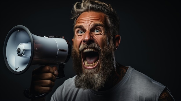 Foto porträt eines wütenden, älteren, bärtigen mannes, der über das megafon schreit.