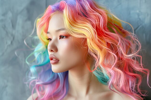 Foto porträt eines wunderschönen asiatischen mädchens mit regenbogen-neon-frisur