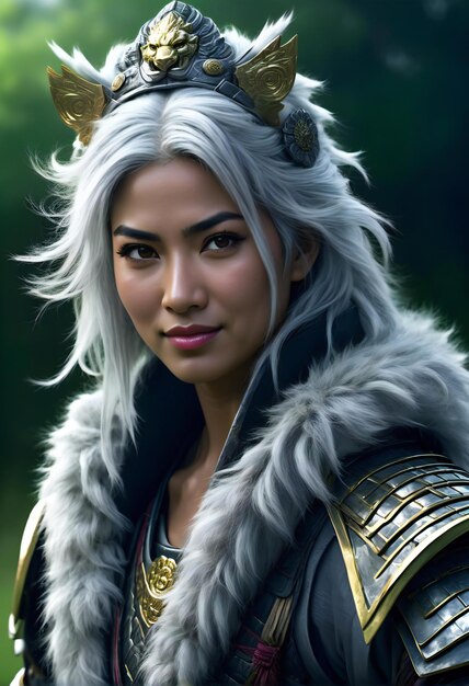 Porträt eines wunderschönen Fantasy-Kriegermädchens in Rüstung und Helm