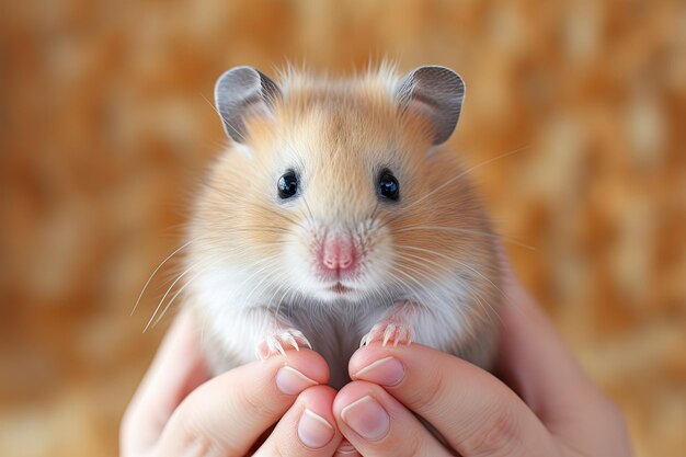 Porträt eines wunderschönen Hamsters in menschlichen Händen, der in die Kamera schaut und sich um ein Haustier kümmert.