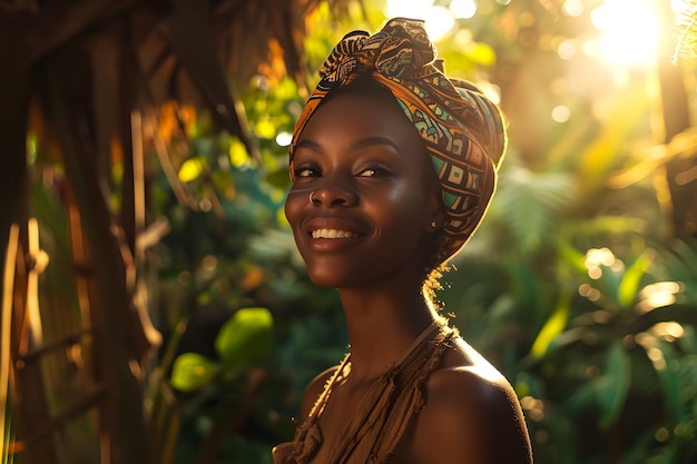 Porträt eines wunderschönen lächelnden schwarzen weiblichen Models in ethnischer Kleidung