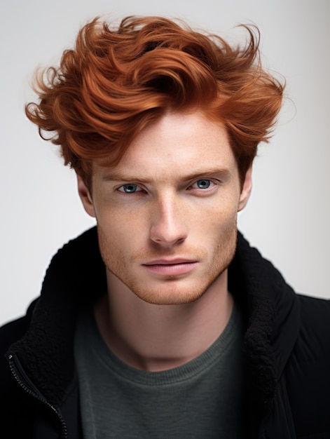 Porträt eines wunderschönen Mannes natürliches und sauberes Gesicht kostämisch Nahaufnahme Ginger Haare