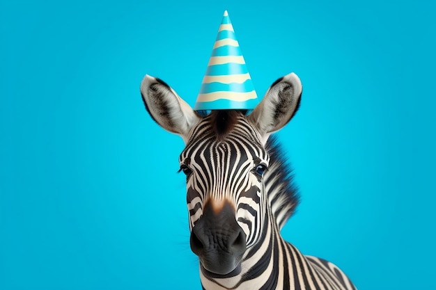 Porträt eines Zebras, das einen Geburtstagshut gegen einen blauen Hintergrund trägt Generative Ai