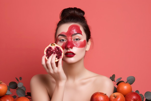 Porträt Frau mit Granatapfel-Gesichtsmaske und halb reife Frucht Schönheit Kosmetik Frau posieren auf roten Früchten Hintergrund Generieren ai