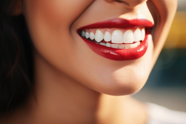Foto porträt glücklicher frauen mit perfektem lächeln, schönen weißen zähnen und rotem lippenstift generative ai