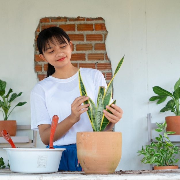 Porträt glückliches junges Mädchen mit Grünpflanzen zu Hause Asiatisches Mädchen