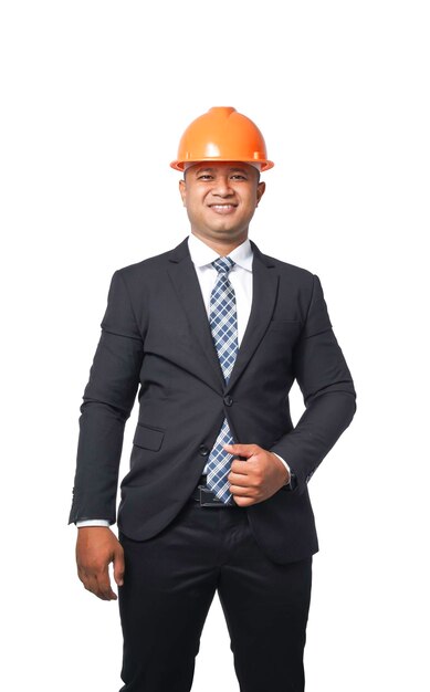 Porträt gutaussehender Chefingenieur, der einen schwarzen Anzug trägt, isoliert auf weißem Hintergrund mit Beschneidungspfad