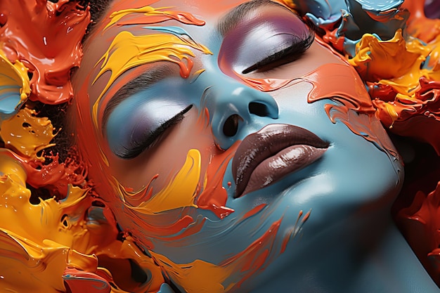Porträt in einem Atelier einer weißen Frau mit künstlerischem Make-up oder farbiger Farbe auf dem Gesicht
