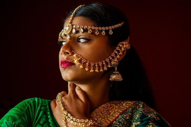 Porträt indische schöne Frau in goldenem reichem Schmuck und Tradition Saree Gesicht Nahaufnahme professionelles Make-up mit Bindi auf dem Kopf Muslimische Frau Gesicht Porträt mit Bindis Maang Tikka Nathnose Pin