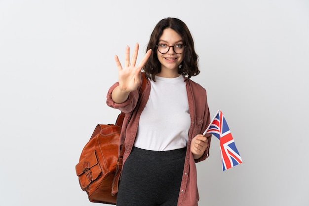 Porträt junge Frau mit Flagge und Rucksack