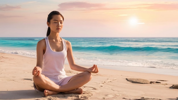 Porträt junger asiatischer Frau, die bei Sonnenaufgang am Meer, am Strand und im Ozean meditiert