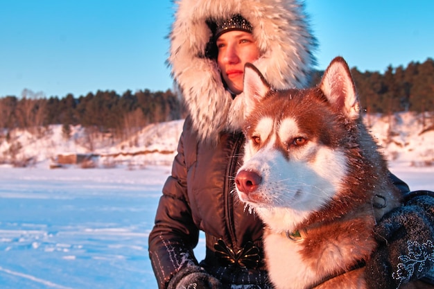 Porträt junger Besitzer und Husky-Hund Nettes Mädchen auf Spaziergang mit rotem Siberian Husky-Hund an einem sonnigen Tag