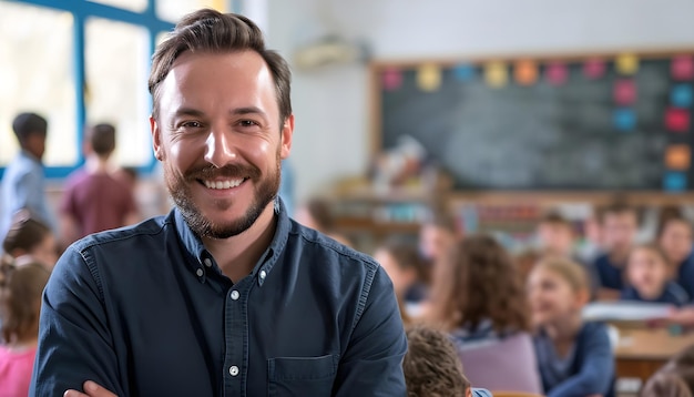 Porträt lächelnder männlicher Lehrer in einer Klasse an der Grundschule, der mit Lernstu in die Kamera schaut